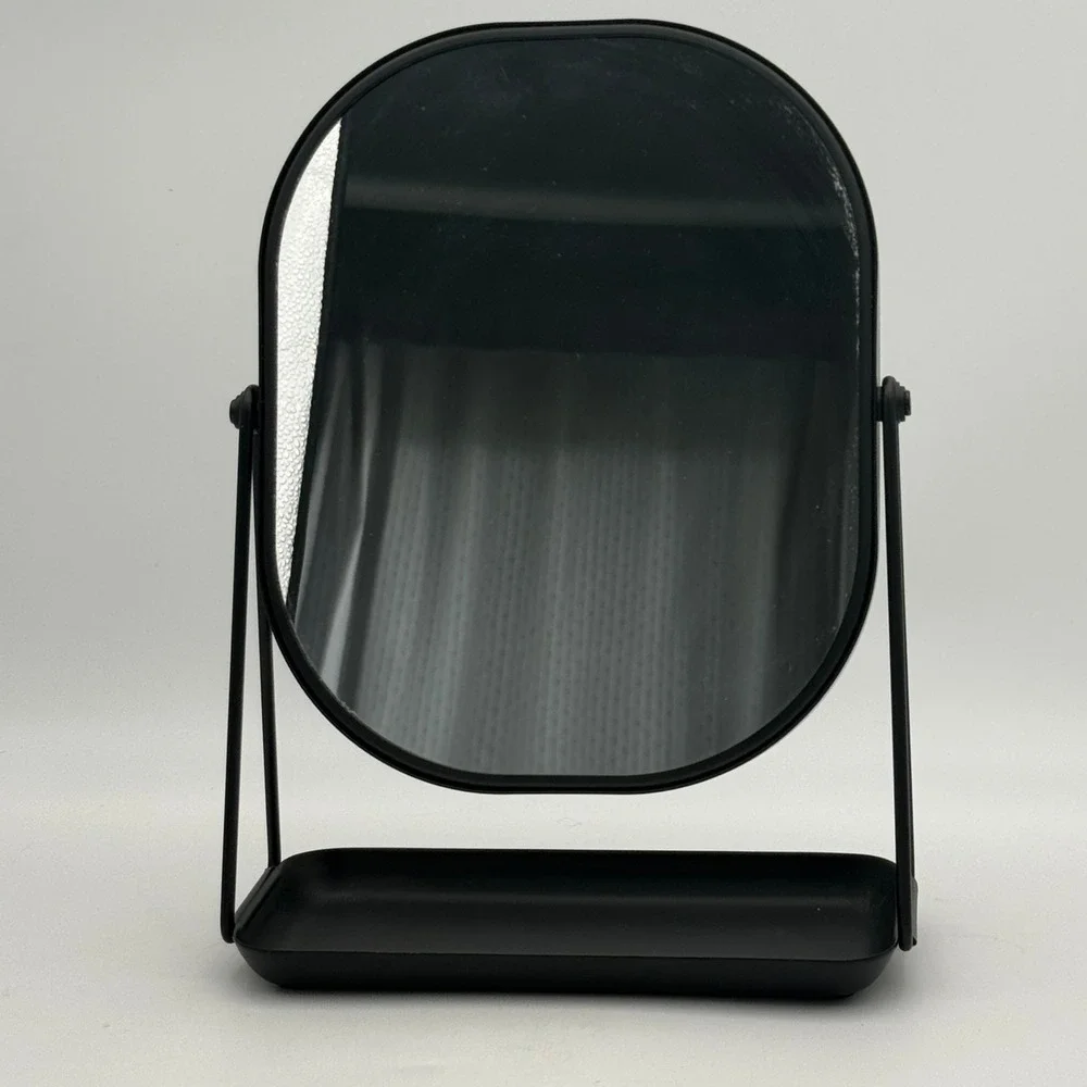 Matte Black Metal Tabletop Vanity Mirror with Jewelry Tray Swivel Oval 11 inch